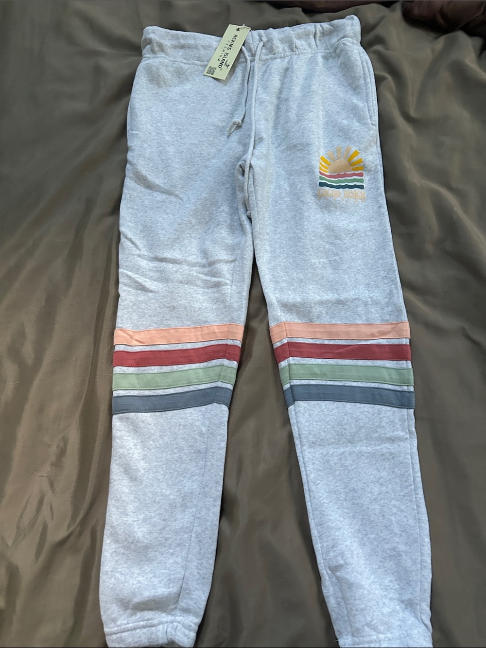 Women’s Heather Gray Sweatpants with Sunset Patch and Striped Accents